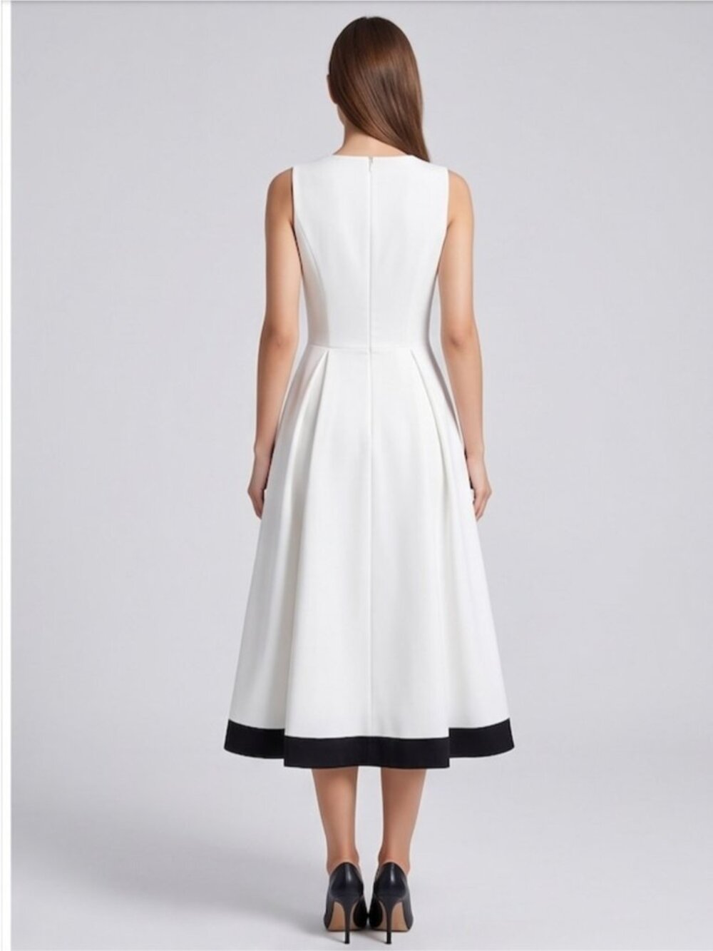 Chic Contrast Trim Pleated Flare Midi Dress with Pockets White/Black - Picture 4 of 6